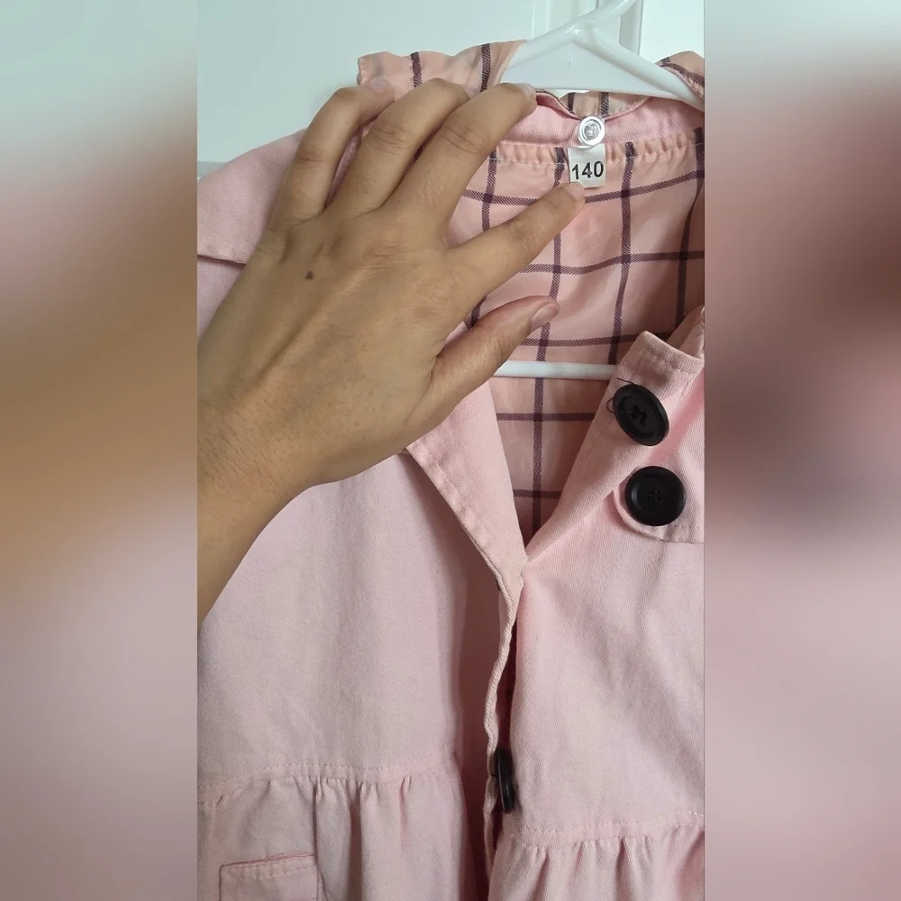 Girls Pink Hooded Coat Plaid Lined Button Front Jacket